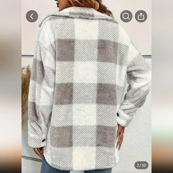 Buffalo Plaid Button Up Teddy Shacket Gray & White Checkered NWT - Picture 2 of 6